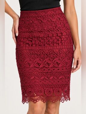 LOFT Lace Crochet Pencil Skirt Burgundy Floral Design knee length size 4 classy